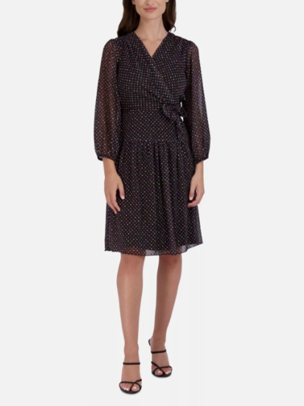 SIGNATURE BY ROBBIE BEE Faux Wrap Dress 10 Black Multi Polka Dot 3/4 Sleeve NWT